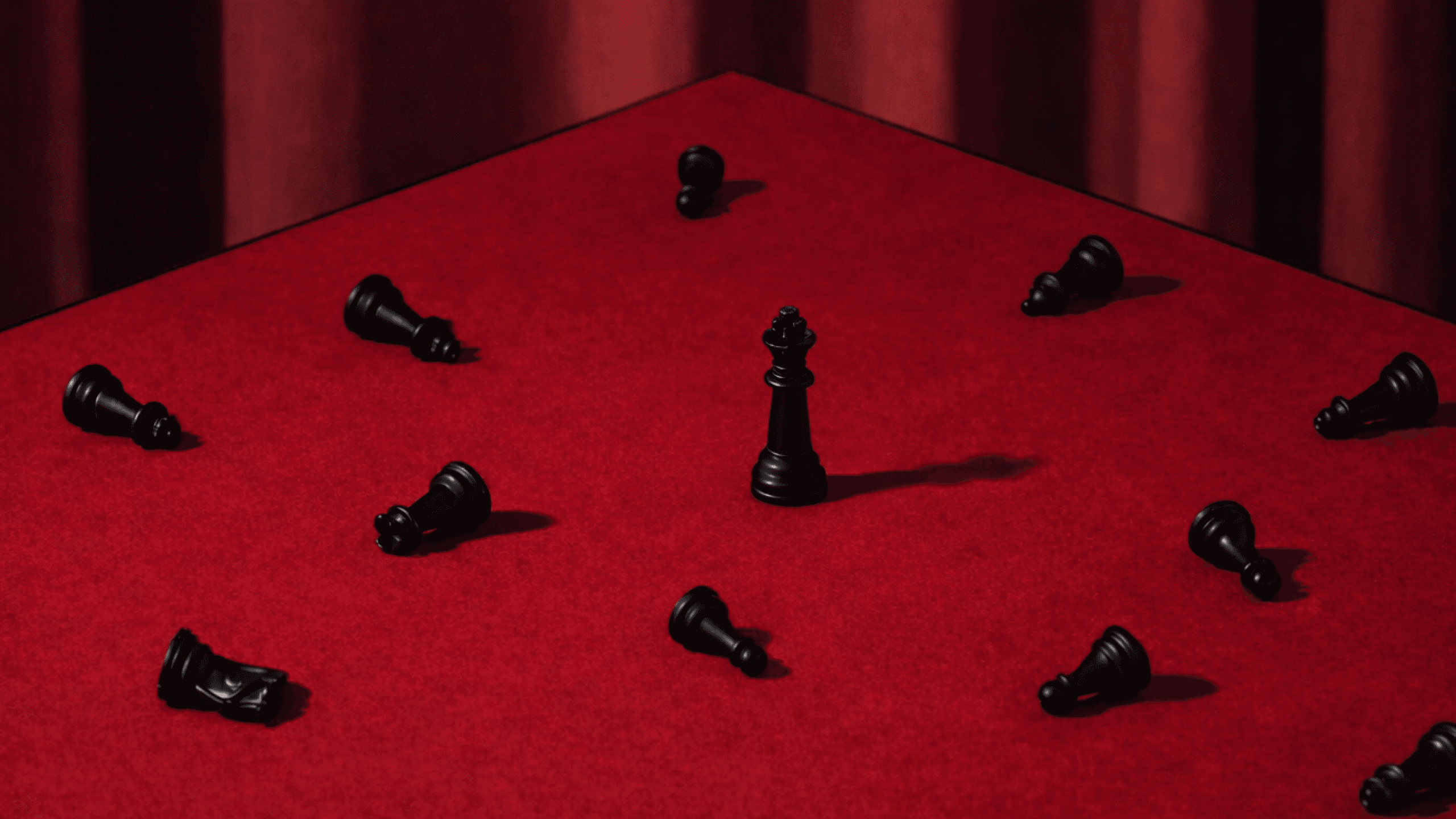 A black king chess piece stands upright surrounded by fallen black pawns on a red chessboard.