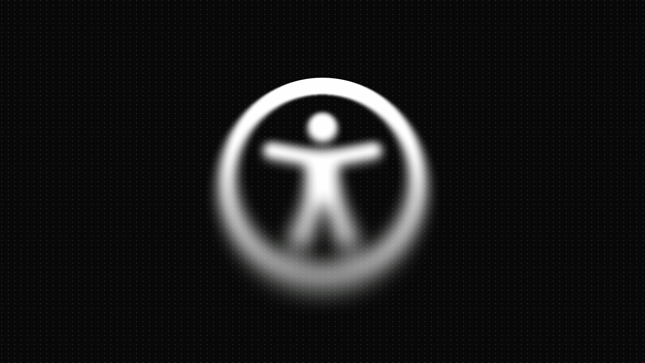 A stylized accessibility symbol featuring a figure with outstretched arms, set against a dark background.